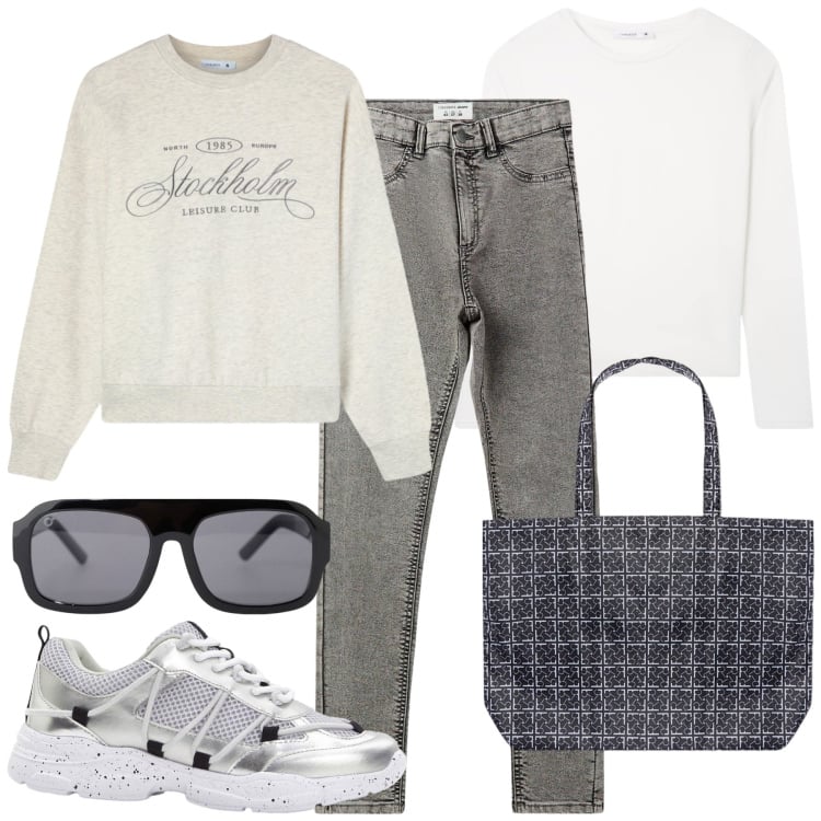 Outfit donna - Grigio e bianco. Stile Sporty chic per Tutti i giorni. Abbinamento con sneakers, jeggings, t-shirt, felpe, occhiali da sole, shopping bag.