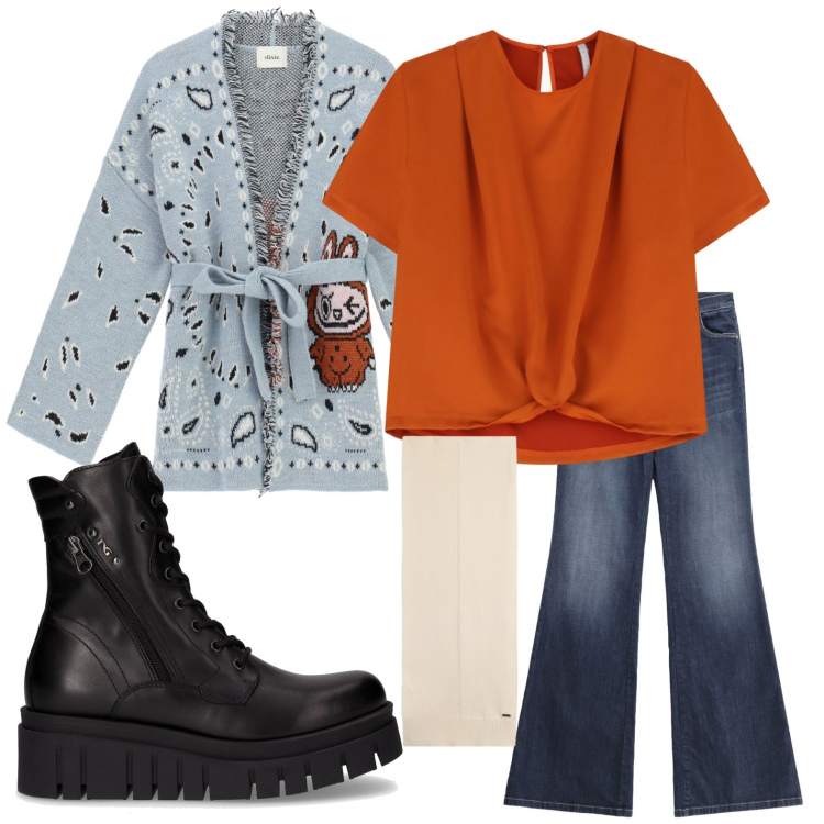 Outfit donna - Cardigan labubu. Stile Casual per Scuola/Università. Abbinamento con jeans a zampa, t-shirt, sciarpe, cardigans, anfibi.