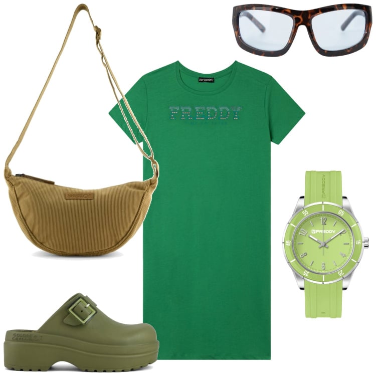 Outfit donna - Un giro in spiaggia. Stile Basic per Mare. Abbinamento con occhiali da sole, orologi, vestiti, sandali, borse a tracolla.