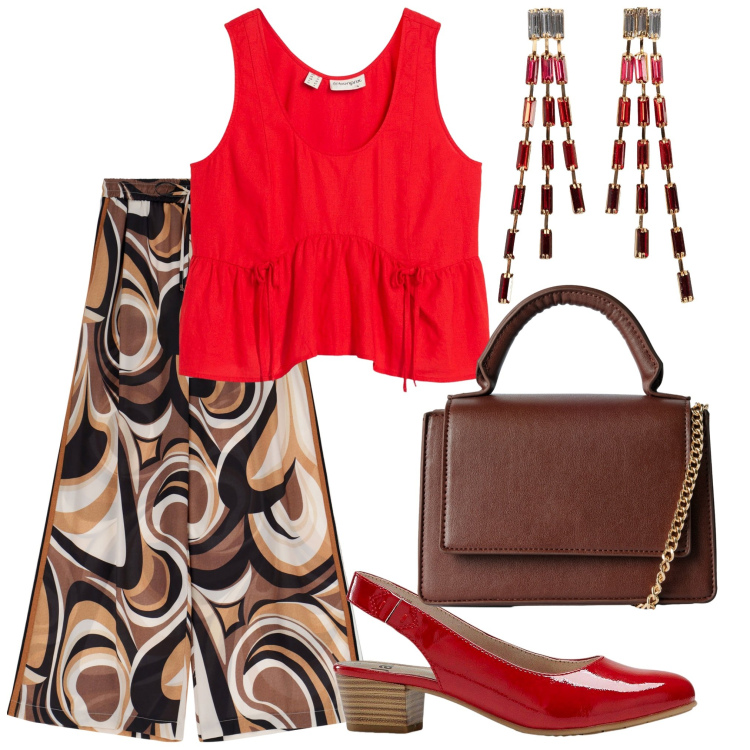 Outfit donna - Rosso e fantasia. Stile Trendy per Tutti i giorni. Abbinamento con décolleté, orecchini, top, borse a tracolla, pantaloni.