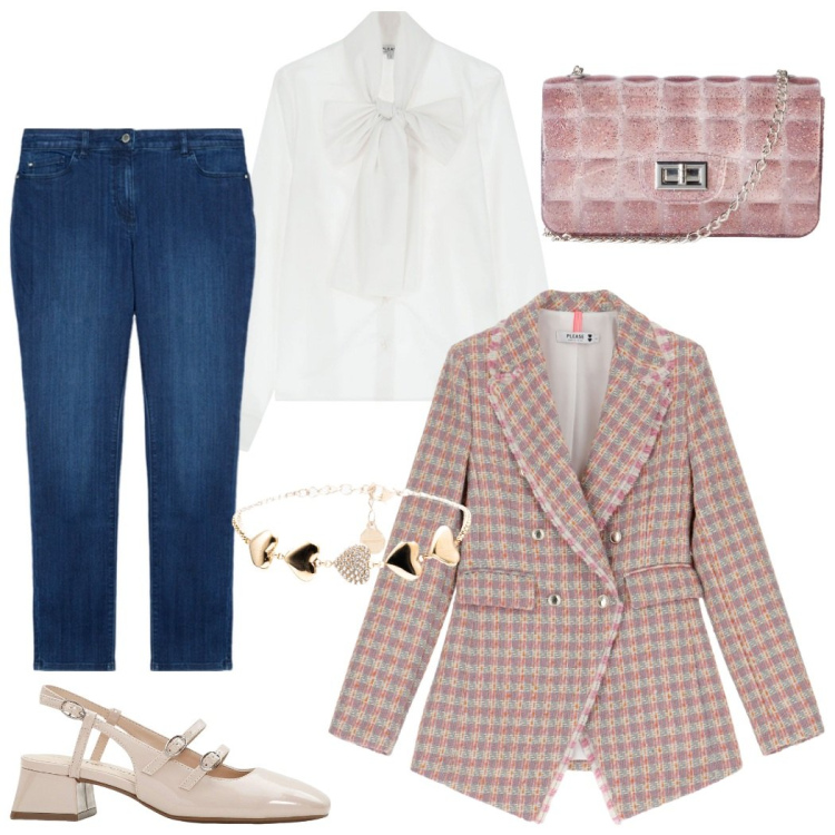 Outfit donna - Romantica con fiocco. Stile Romantica per Tutti i giorni. Abbinamento con décolleté, borse a tracolla, camicie, blazer, braccialetti, jeans skinny.
