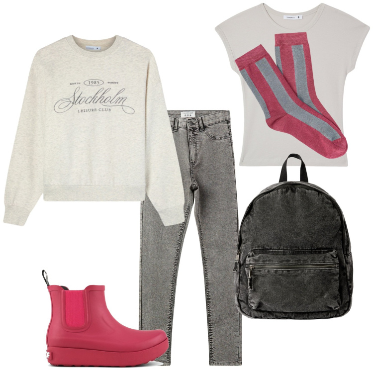 Outfit donna - Corsi. Stile Casual per Scuola/Università. Abbinamento con zaini, jeggings, t-shirt, felpe, stivali, calzini.