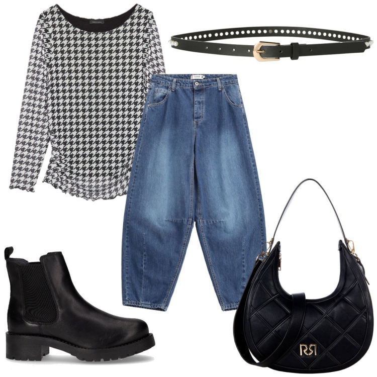 Outfit donna - Total look #2247010. Stile Trendy per Tutti i giorni. Abbinamento con cinture, borse a tracolla, jeans, bluse, stivaletti chelsea.