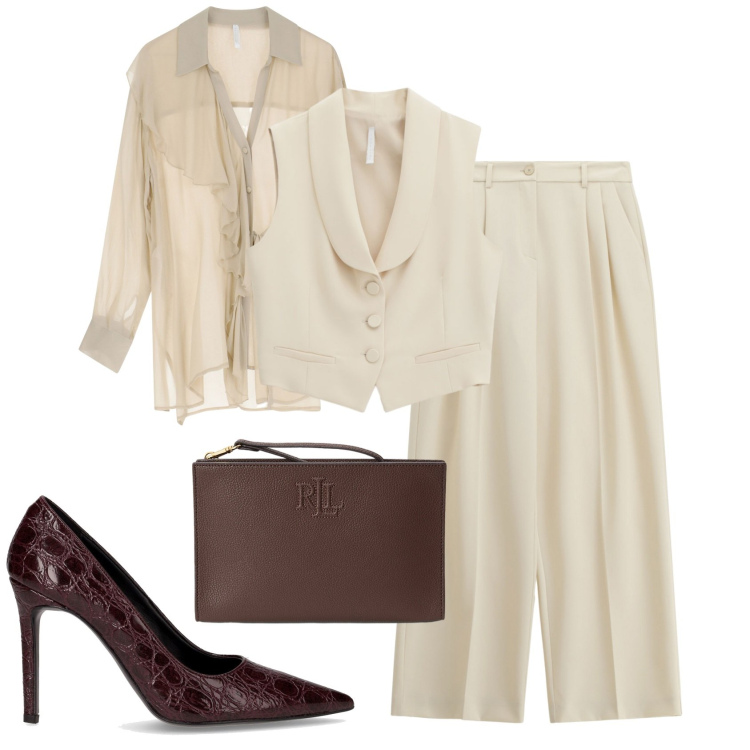 Outfit donna - Imperial - FW25. Stile Chic per Serata fuori. Abbinamento con pantaloni a palazzo, camicie, gilet, pochette, décolleté.