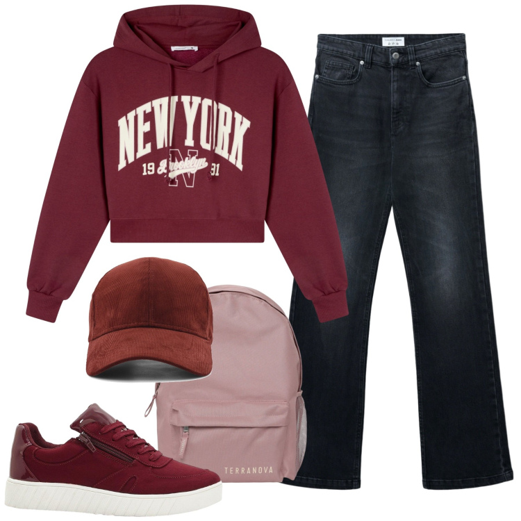 Outfit donna - A scuola. Stile Casual per Scuola/Università. Abbinamento con sneakers, zaini, jeans bootcut, felpe con cappuccio, cappelli.