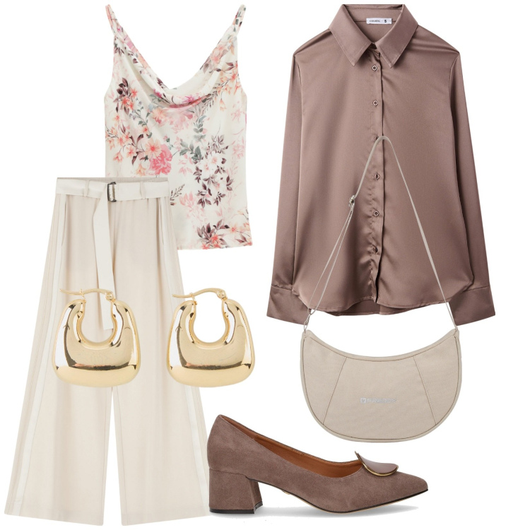Outfit donna - In ufficio. Stile Chic per Ufficio. Abbinamento con orecchini, camicie, pantaloni, canottiere, borse a spalla, décolleté.
