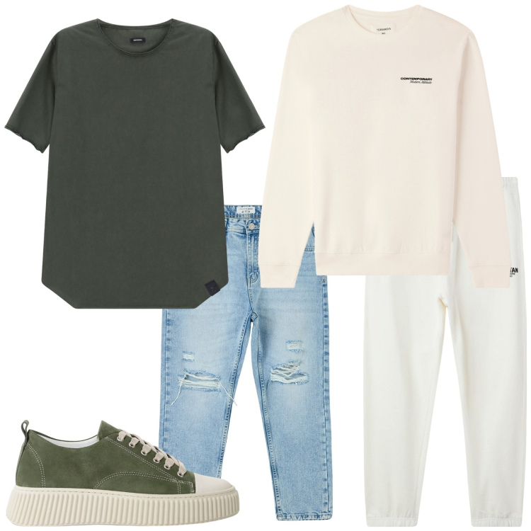 Outfit uomo - Total look #2247020. Stile Casual per Tutti i giorni. Abbinamento con jeans strappati, pantaloni sportivi, felpe, sneakers, t-shirt.