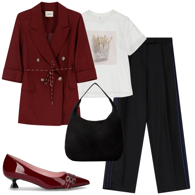 Outfit donna - Settembre. Stile Urban per Tutti i giorni. Abbinamento con borse a mano, pantaloni, t-shirt, blazer, décolleté.