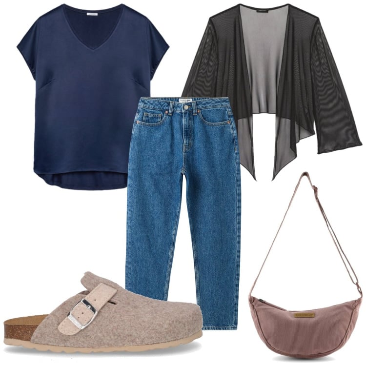 Outfit donna - Total look #2247027. Stile Trendy per Tutti i giorni. Abbinamento con jeans mom, bolero, t-shirt, borse a tracolla, sabot.