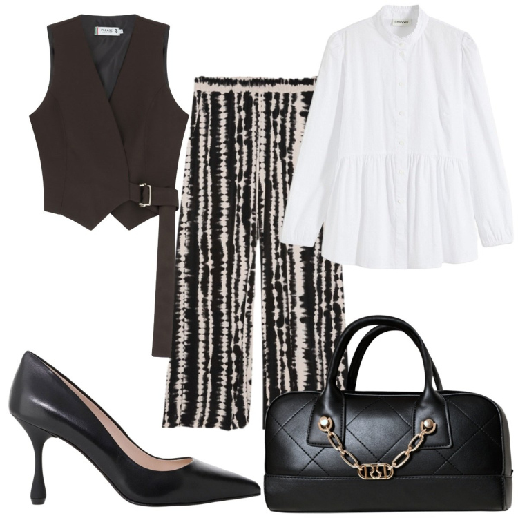 Outfit donna - Total look #2247028. Stile Trendy per Tutti i giorni. Abbinamento con camicie, borse a mano, gilet, décolleté, pantaloni a palazzo.
