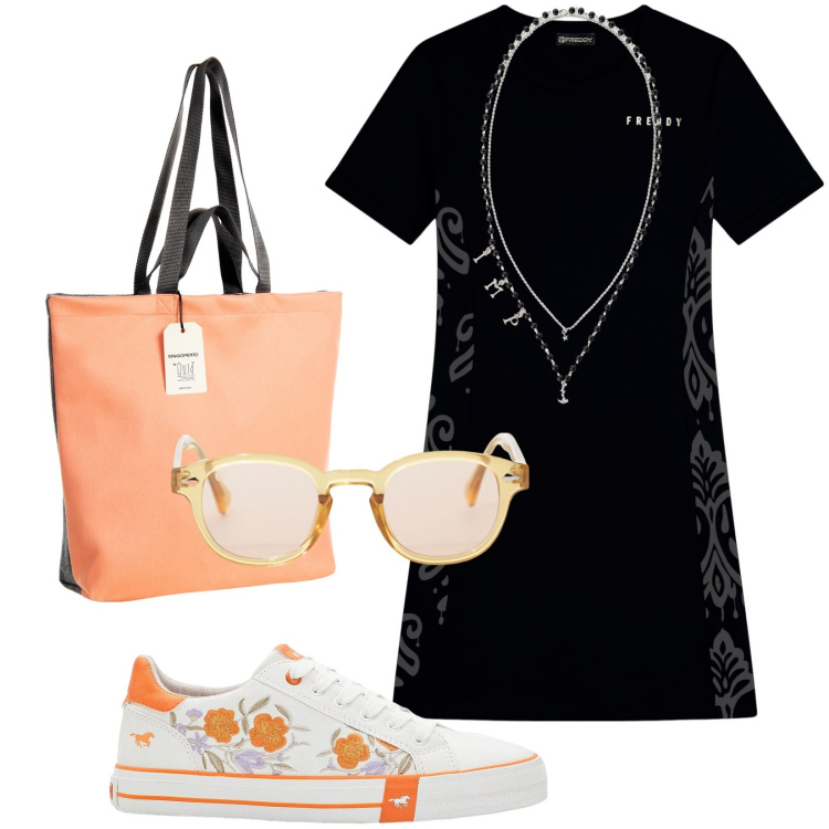 Outfit donna - Sporty e fiori. Stile Sporty chic per Tutti i giorni. Abbinamento con sneakers, borse tote, collane, occhiali da sole, vestiti midi/longuette.