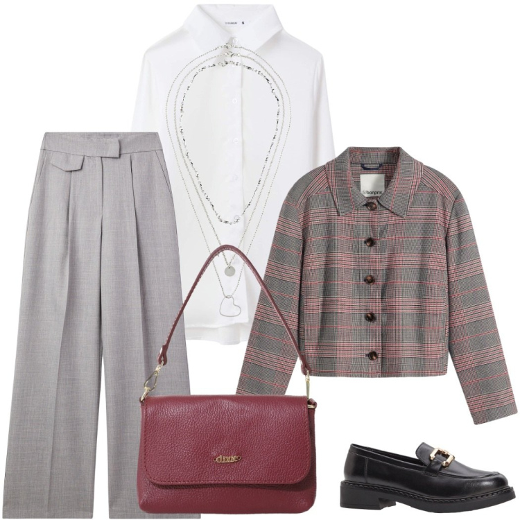 Outfit donna - Piccoli budget. Stile Urban per Tutti i giorni. Abbinamento con mocassini, collane, cappotti, pantaloni, camicie, borse a tracolla.