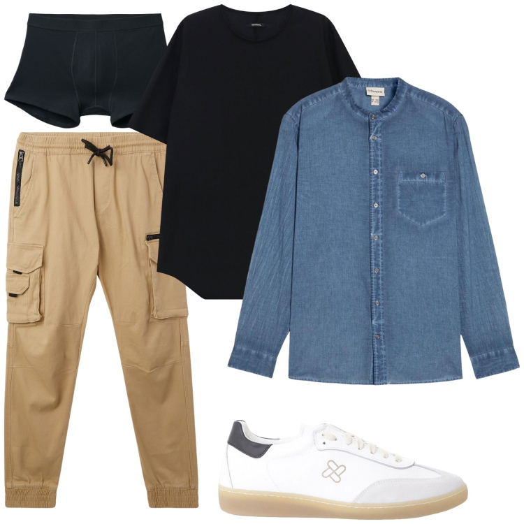 Outfit uomo - Total look #2247032. Stile Urban per Tutti i giorni. Abbinamento con camicie, pantaloni cargo, boxer, sneakers, t-shirt.