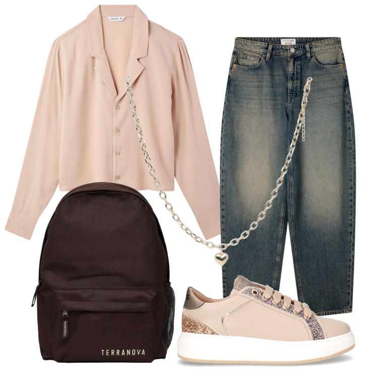 Outfit donna - Autunno casual chic. Stile Casual chic per Tutti i giorni. Abbinamento con jeans, camicie, collane, zaini, sneakers.