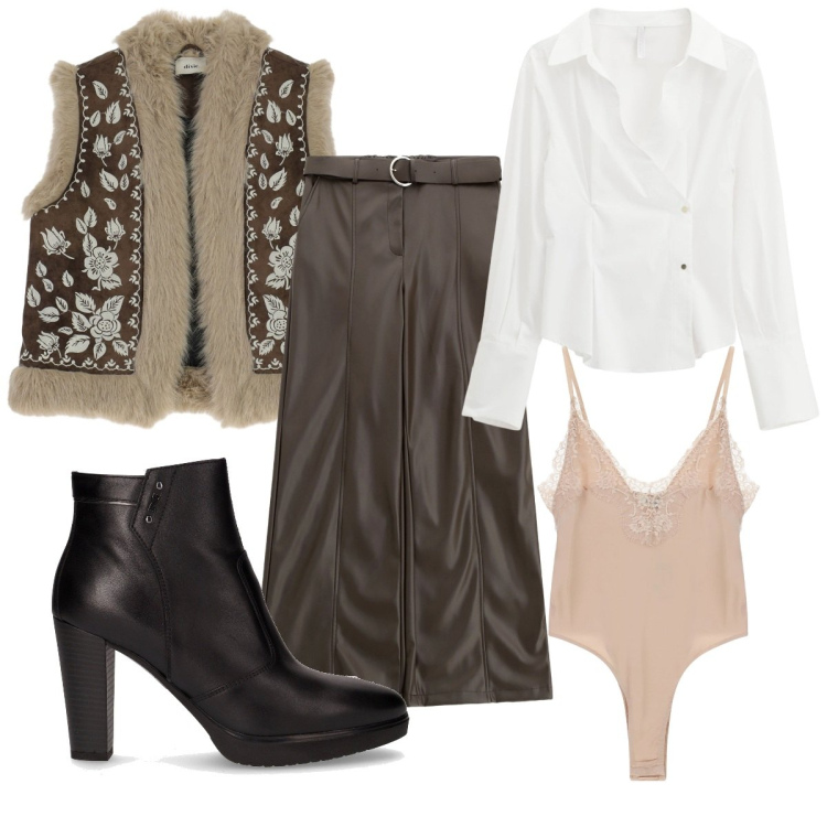 Outfit donna - Total look #2247036. Stile Trendy per Tutti i giorni. Abbinamento con pantaloni, camicie, gilet, body, stivaletti.