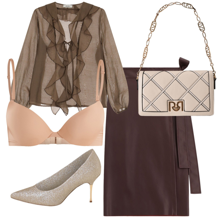 Outfit donna - La scarpa gioiello. Stile Glamour per Serata fuori. Abbinamento con reggiseni push-up, borse a tracolla, décolleté, camicie, gonne longuette.