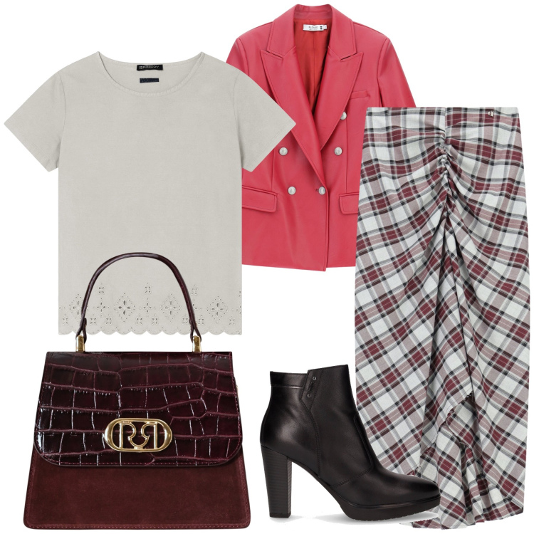 Outfit donna - Tartan wow. Stile Urban per Ufficio. Abbinamento con borse a mano, giacche, t-shirt, gonne lunghe, stivaletti.