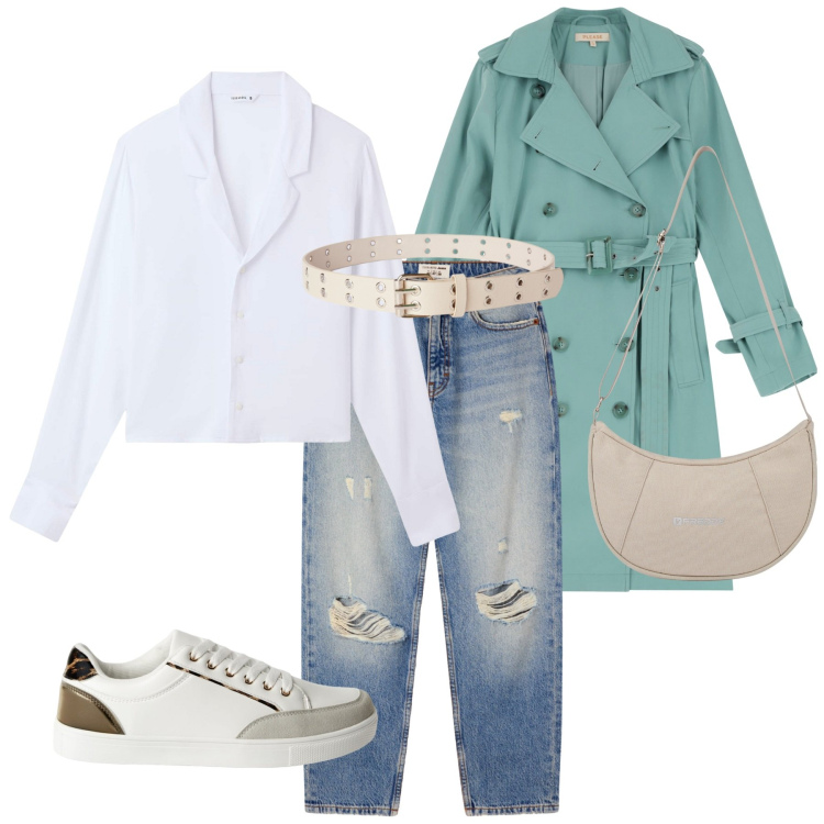Outfit donna - Total look #2247048. Stile Casual chic per Tutti i giorni. Abbinamento con camicie, cinture, jeans mom, sneakers, trench, borse a spalla.