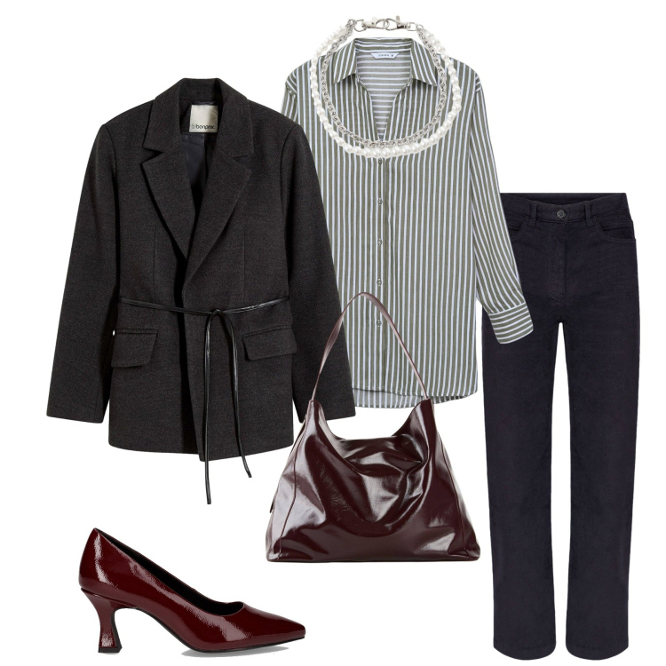 Outfit donna - In ufficio. Stile Mannish per Ufficio. Abbinamento con blazer, shopping bag, camicie, braccialetti, décolleté, pantaloni.