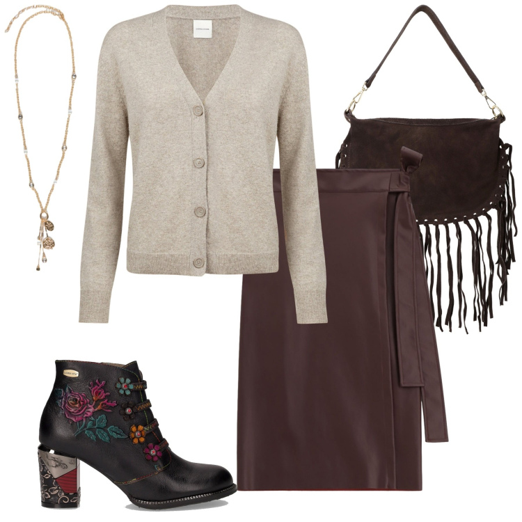 Outfit donna - Total look #2247051. Stile Glamour per Ufficio. Abbinamento con gonne longuette, borse a tracolla, stivaletti, cardigans, ciondoli.