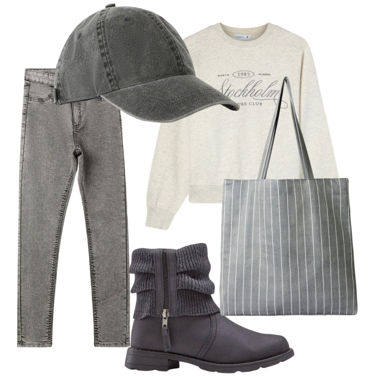 Outfit donna - Il cappellino grigio. Stile Casual per Tutti i giorni. Abbinamento con stivaletti, cappelli con visiera, jeggings, felpe, shopping bag.