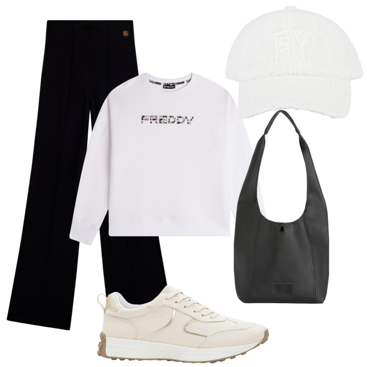 Outfit donna - Sportiva con Freddy. Stile Sporty chic per Sport. Abbinamento con sneakers, borse a spalla, pantaloni, felpe con cappuccio, cappelli con visiera.