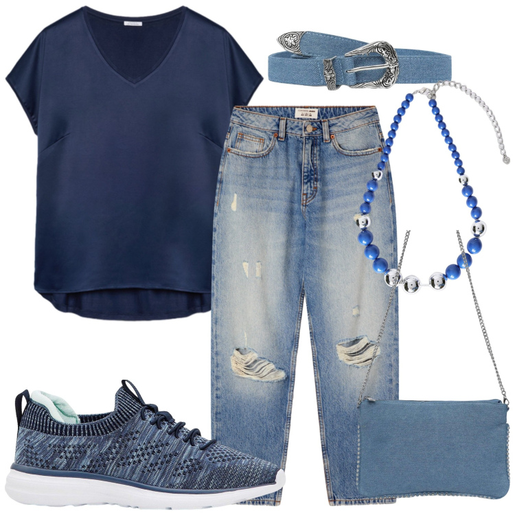 Outfit donna - Mi piace il blu. Stile Basic per Tutti i giorni. Abbinamento con sneakers, borse a tracolla, cinture, jeans mom, collane, t-shirt.