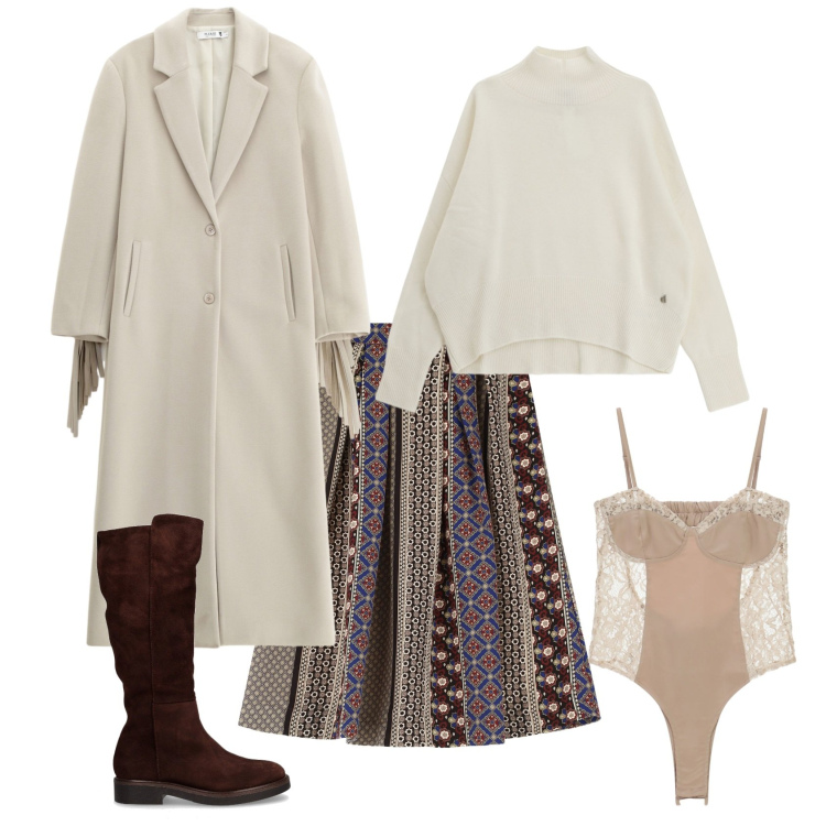 Outfit donna - Total look #2247060. Stile Casual chic per Tutti i giorni. Abbinamento con cappotti, body, maglieria, gonne, stivali.