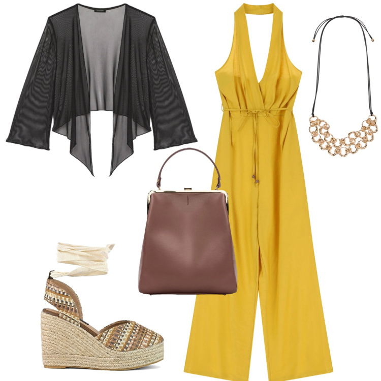 Outfit donna - Total look #2247062. Stile Casual chic per Tutti i giorni. Abbinamento con tute, borse a spalla, collane, zeppe, bolero.