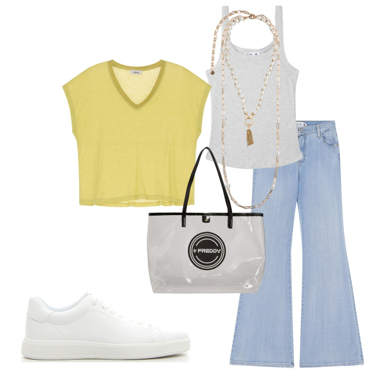 Outfit donna - Total look #2247063. Stile Casual per Tutti i giorni. Abbinamento con canottiere, jeans a zampa, shopping bag, t-shirt, collane, sneakers.