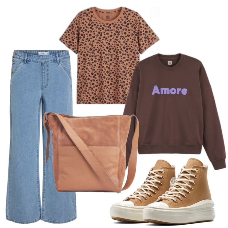 Outfit mujer - Casual look. Estilo Casual para Todos los días. Combinación con vaqueros rectos, bolso tote, camiseta, sudaderas, sneakers.