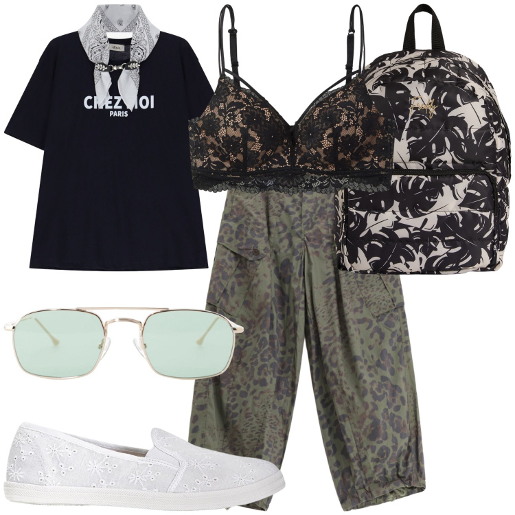 Outfit donna - Il pizzo inaspettato. Stile Sporty chic per Tutti i giorni. Abbinamento con ballerine, reggiseni, pantaloni cargo, occhiali da sole, zaini, t-shirt.