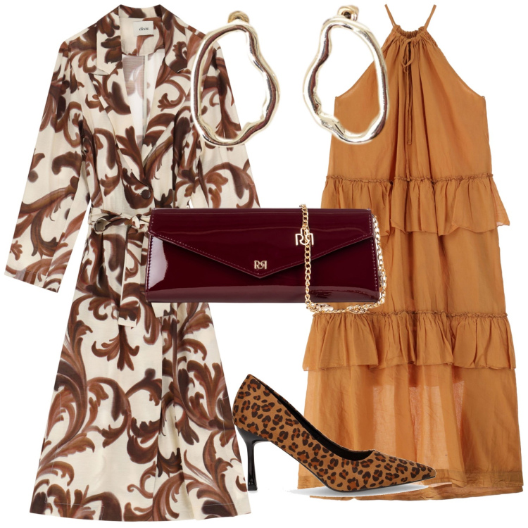 Outfit donna - Soprabito da cerimonia settembrina. Stile Glamour per Cerimonia. Abbinamento con pochette, vestiti lunghi, orecchini, cappotti, décolleté.