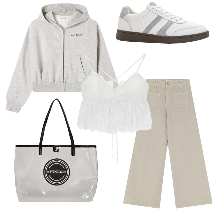 Outfit donna - Atheisure minimal. Stile Sporty chic per Sport. Abbinamento con sneakers, felpe con cappuccio, top, pantaloni, shopping bag.