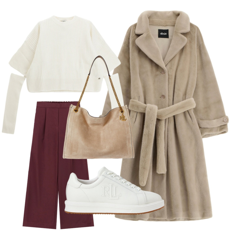 Outfit donna - FW25 Dixie - Behind the bold. Stile Minimal per Serata fuori. Abbinamento con cappotti, pantaloni a palazzo, maglieria, sneakers, borse tote.