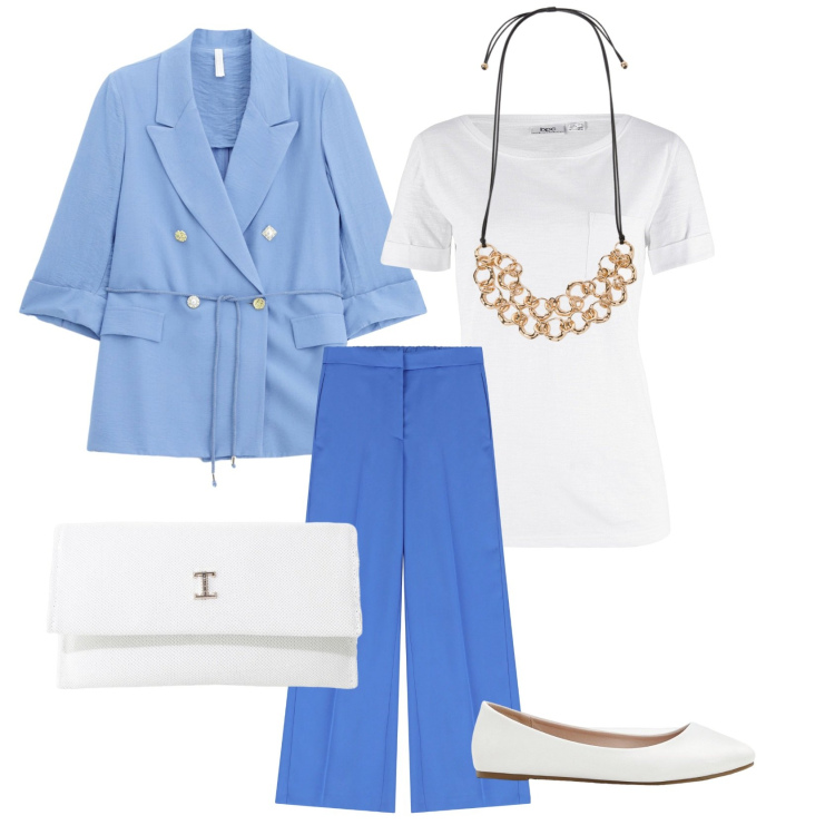 Outfit donna - Blue dream. Stile Casual chic per Tutti i giorni. Abbinamento con ballerine, t-shirt, borse a tracolla, blazer, pantaloni, collane.