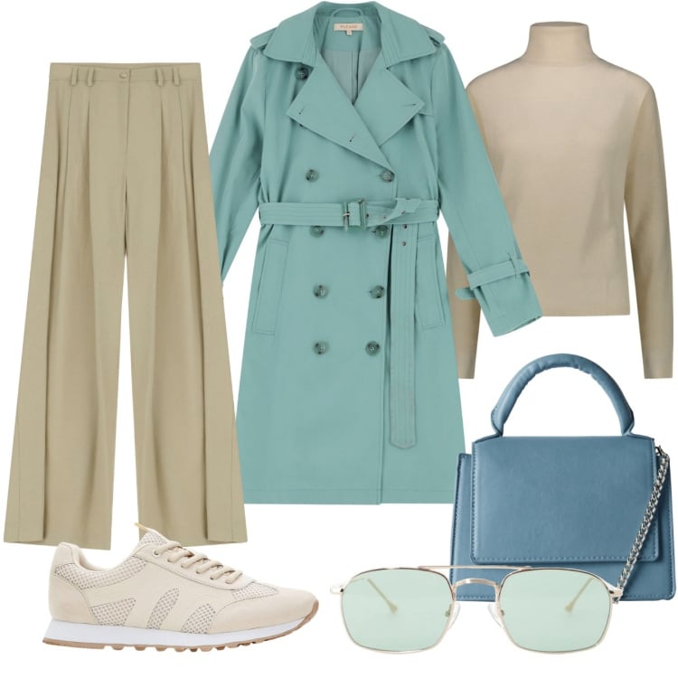 Outfit donna - Minimal. Stile Minimal per Ufficio. Abbinamento con sneakers, borse a tracolla, pantaloni a palazzo, trench, occhiali da sole, pullovers.