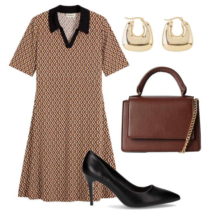 Outfit donna - Coffee para llevar. Stile Casual chic per Tutti i giorni. Abbinamento con orecchini, vestiti midi/longuette, borse a tracolla, décolleté.