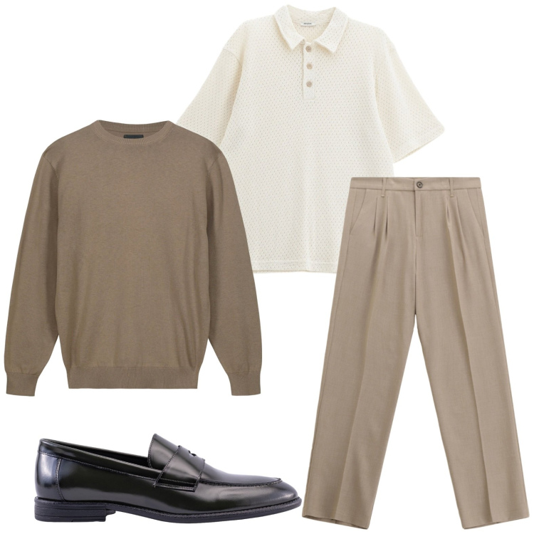 Outfit uomo - Maglione leggero sopra la polo. Stile Casual per Ufficio. Abbinamento con polo, pantaloni, maglieria, scarpe stringate.