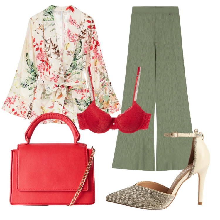 Outfit donna - Autunno floreale. Stile Romantica per Cerimonia. Abbinamento con décolleté, borse a tracolla, reggiseni a balconcino, blazer, pantaloni.