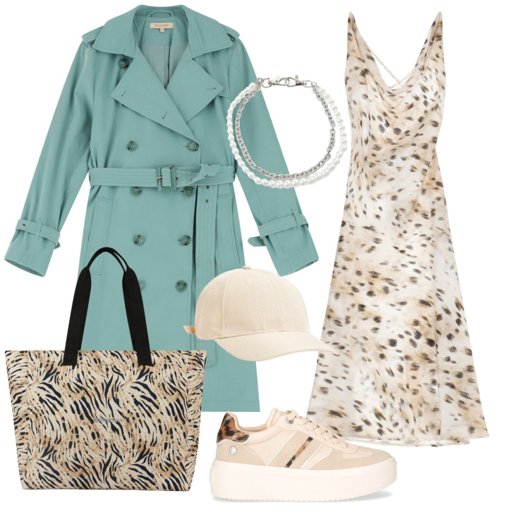 Outfit donna - Chic e comoda!. Stile Chic per Tutti i giorni. Abbinamento con cappelli, vestiti, trench, shopping bag, braccialetti, sneakers.