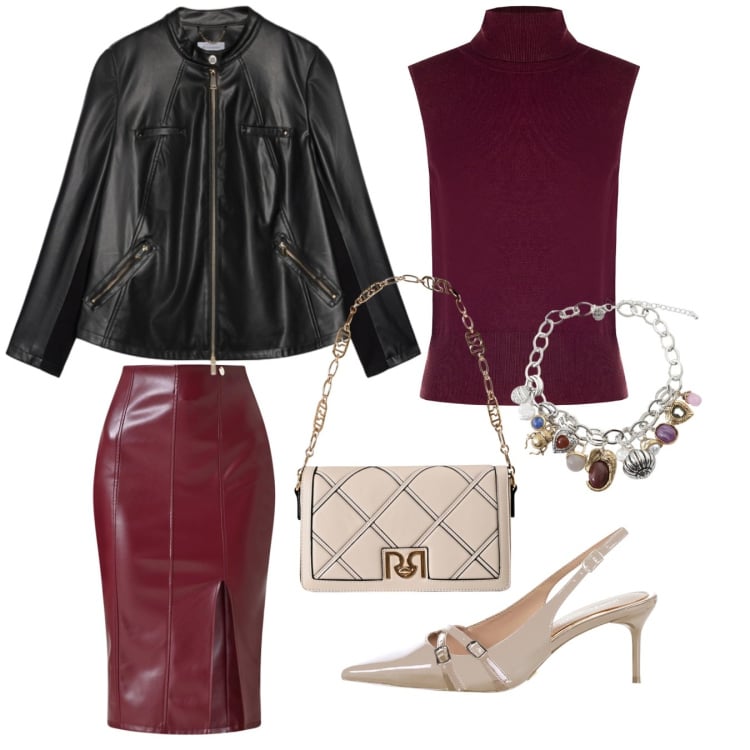 Outfit donna - Aperitivo in bordeaux. Stile Chic per Serata fuori. Abbinamento con gonne longuette, top, borse a tracolla, décolleté, braccialetti con ciondoli, blazer.