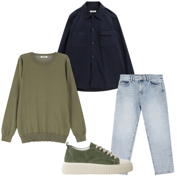 Outfit uomo - Overshirt in velluto per la sera. Stile Trendy per Serata speciale. Abbinamento con maglieria, sneakers, jeans dritti, giacche.