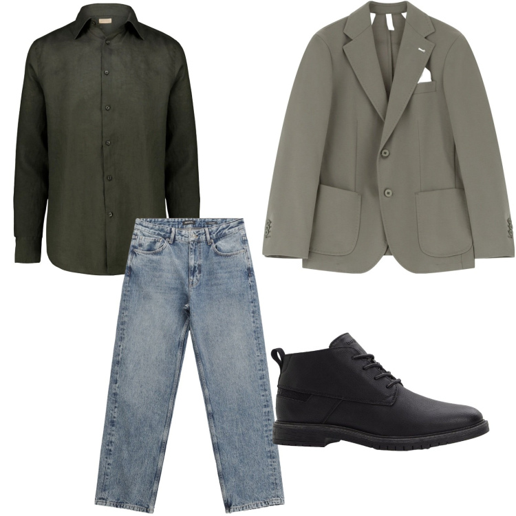 Outfit uomo - Tonalità verde salvia. Stile Casual per Ufficio. Abbinamento con stivali e stivaletti, giacche, jeans dritti, camicie.