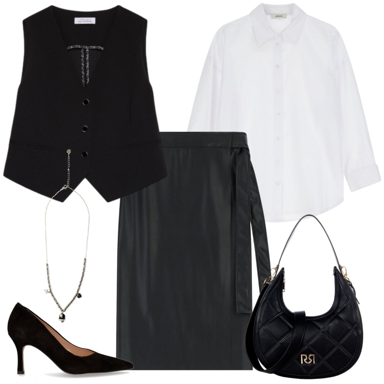 Outfit donna - Una semplice camicia bianca. Stile Chic per Ufficio. Abbinamento con borse a tracolla, ciondoli, gonne longuette, camicie, gilet, décolleté.