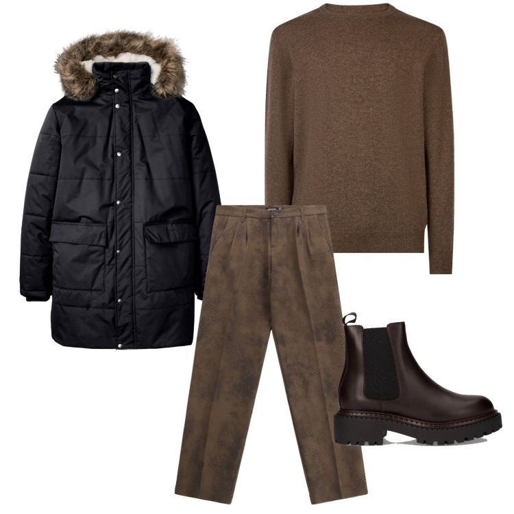 Outfit uomo - Elegante. Stile Trendy per Ufficio. Abbinamento con giacche, pantaloni, maglieria, stivali e stivaletti.