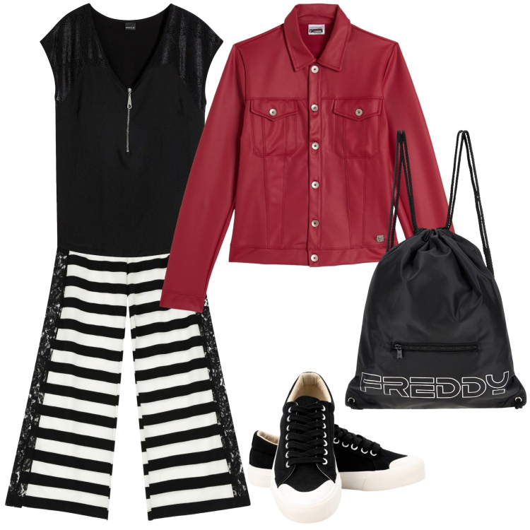 Outfit donna - Righe e pizzo. Stile Sporty chic per Scuola/Università. Abbinamento con t-shirt, pantaloni a palazzo, giacche, zaini, sneakers.