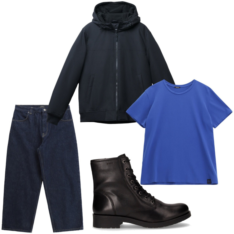 Outfit uomo - T-shirt blu royal. Stile Urban per Tutti i giorni. Abbinamento con giacche, t-shirt, jeans, stivali e stivaletti.
