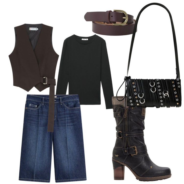 Outfit donna - Semplicità?! Non penso proprio. Stile 70s per Tutti i giorni. Abbinamento con stivali, bermuda, t-shirt, borse a spalla, gilet, cinture.
