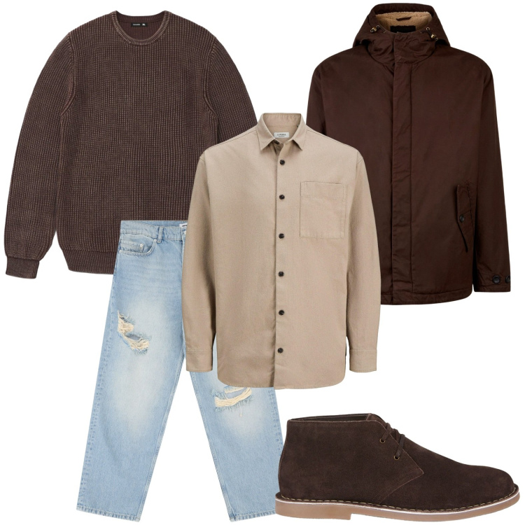 Outfit uomo - Vestirsi a strati. Stile Trendy per Ufficio. Abbinamento con camicie, maglieria, jeans strappati, giacche, stivali e stivaletti.